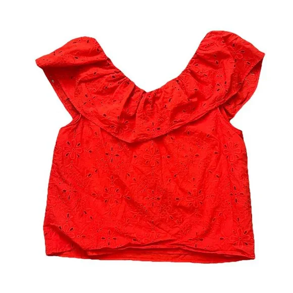 Ann Taylor Women’s Red Ruffle Scoop Neck Eyelet Size Medium Ruffle Casual - Picture 2 of 7